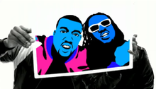 West and T-Pain singing through a TV screen in the "Good Life" music video