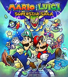 Stylized illustration of the characters Mario and Luigi running across a bridge toward the viewer, with scenery and characters from the game visible behind them