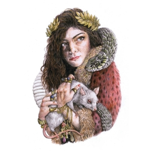 A painting of Lorde holding a rat, with a python around her neck and shoulders.