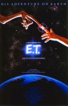 The poster shows the planet earth, a child's finger touching E.T's finger, with a light blinking on contact. The top headline reads "His Adventure On Earth".