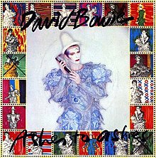 A man wearing a Pierrot costume surrounded by stamps of himself wearing the same outfit. The words "David Bowie" appear at the top and "Ashes to Ashes" at the bottom in black cursive lettering.