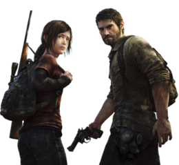 Artwork of a teenage girl, with brown hair. She has a backpack, with a sniper rifle strapped to her side, and is standing beside a man in his 40's, who has brown hair and beard, and a revolver in his right hand.