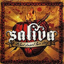 A drawing of a heart with flames coming out of the top behind a stylized depiction of the band's name and a small banner with the album's name written on it.