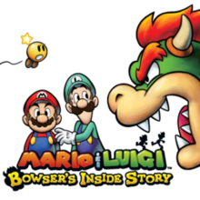 An illustration of Mario and Luigi against a white background, peaking up from behind the game's logo while the anthropomorphic turtle monster Bowser looks in from the right and the star sprite Starlow flies in from the left.