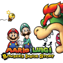 An illustration of Mario and Luigi against a white background, peaking up from behind the game's logo while the anthropomorphic turtle monster Bowser looks in from the right and the star sprite Starlow flies in from the left