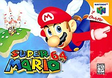 Artwork of a horizontal rectangular box. Mario flies with his Wing Cap power-up in front of a blue backdrop with clouds, a Goomba, and Princess Peach's Castle in the distance. The bottom portion reads "Super Mario 64" in red, blue, yellow, and green block letters.