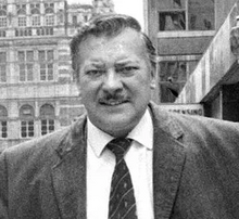 Black and white photograph of Eist taken outside the old bailey possibly in the 1970s