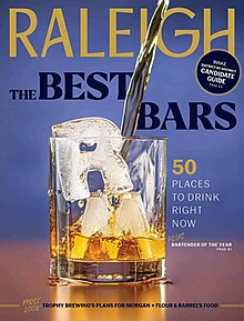 A blue and orange hued magazine cover advertising Raleigh's top 50 bars
