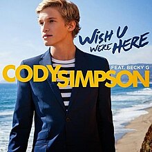 Simpson dressed in a stripped shirt and blue suit, staring to the left in a beach setting. Song name in blue on the top right, singer's name in bold yellow letters across the middle, with featured rapper's name in small white text over the words "son".