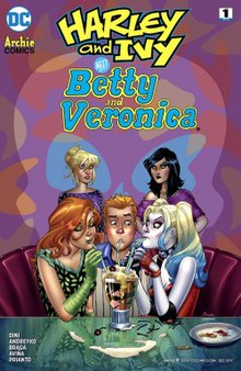 Archie sits between Harley and Ivy in the foreground as the two girls share a malt. In the background, Betty and Veronica look unhappy. The title takes up the top third of the cover. A coloring effect is used to put a skull shape over the whole image.