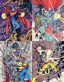 Clockwise from top left: A visored alien resembling Superman floating in front of a statue; a man wearing metallic, Superman-inspired armor saving a dark-haired women from black-suited men with guns; a young boy resembling Superman, wearing a black leather jacket and sunglasses, breaking through a brick wall with a woman in his arms; and a cyborg version of Superman.