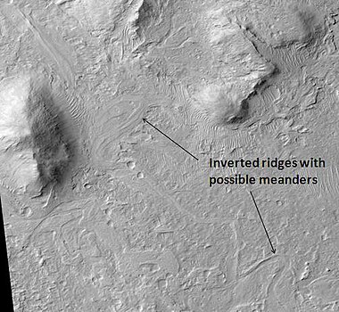 Meandering Ridges that are probably inverted stream channels. Illumination is from the NW. Image taken with HiRISE.