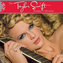 Taylor Swift with blond hair and blue eyes facing forward while holding the neck of guitar with her right hand.