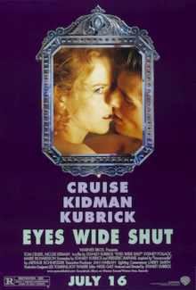 A framed image of a nude couple kissing – she with her eye open – against a purple background. Below the picture frame are the film's credits.