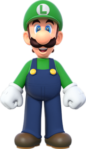 3D render of a cartoon plumber with a mustache, a large round nose, a green cap with the letter L, a green shirt, indigo overalls, and brown shoes.