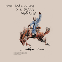 Beige colored background with drawing of a masked man on a horse with the text "nadie sabe lo que va pasar mañana".