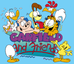 A graphic showing seven of the characters from the cartoon Garfield and Friends, surrounding the text "Garfield and Friends", on a blue background.