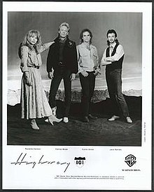 1980s promotional image depicting Highway 101's original lineup (L-R: Paulette Carlson, Cactus Moser, Curtis Stone, Jack Daniels)