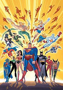 Several superheroes standing and flying toward the camera