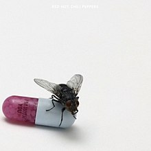 A photo of a fly standing on a dark-red pill on a white table in a white room with the words "I'm With You". Half of the pill is colored white. The words "Red Hot Chili Peppers" can be seen above the fly and the pill in white.
