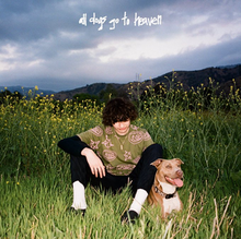 A boy sits in a field with a dog. An overcast sky appears in the background.