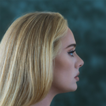 A portrait of Adele against a blue background, depicting her side profile.