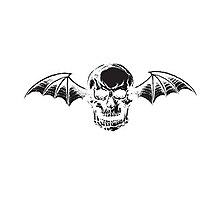 A human skull with bat wings protruding out of its ears on top of a white background.