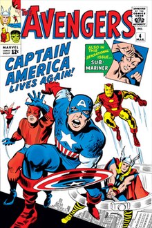 The front page of The Avengers #4, depicting Captain America leading Avengers members Thor, Iron Man, Ant-Man and The Wasp under the subtitle "CAPTAIN AMERICA LIVES AGAIN!". An inset image indicates that Namor the Sub-Mariner also appears in the issue.