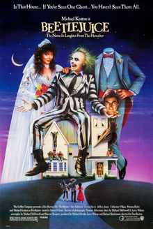 A woman in a wedding dress, a green haired white faced man in a striped suit, and a headless man holding his head in his hands.