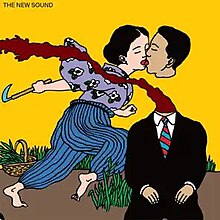 Flat-shaded coloured line-drawing of a woman in traditional Eastern garb kissing a decapitated man's head as a long stream of blood flows from his neck. It is implied the sickle she holds was used as a weapon.