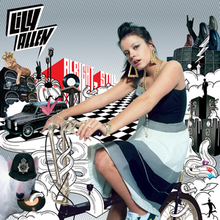 Lily Allen, with her hair up wearing a skirt and top, sits among many drawings of cultural objects.