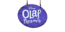 Bluish-purple sign with "Olaf Presents" written in white paint