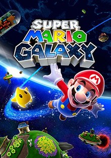 The game's cover art shows Mario flying through space alongside a Luma, a small star-shaped creature.