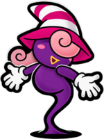 A stylized illustration of Vivian, a purple, ghost-like character with pink hair and a striped hat