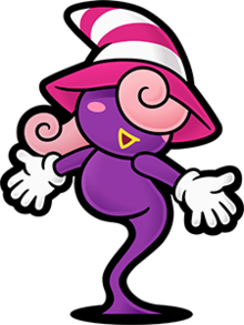 A stylized illustration of Vivian, a purple, ghost-like character with pink hair and a striped hat