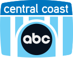 Inside a television screen shape, a stylized bridge in white. The part above the bridge is royal blue and contains the words "central coast" in white in a sans serif. The part beneath the bridge is sky blue in color. The middle arch of the bridge is semicircular, and nestled under it is the ABC network logo, a black disk with the letters a b c in round-bodied lowercase.