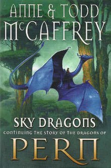Book dust jacket showing a blue dragon, with its much smaller rider straddling the base of its neck, flying past the trunks of two large trees.