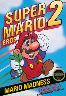 Mario jumps into the air holding a turnip, with the game's logo on the top and the tagline "Mario Madness" on the bottom.