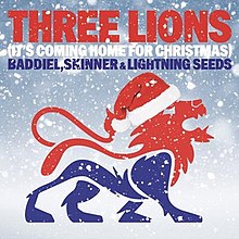England football-style lion wears a Santa hat against a snowy background. In red, white and blue above this, the song title and artist names are written.