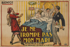 Theatre poster depicting man sitting up in bed, gesticulating wildly, with cheerful blonde lying next to him and a man in morning dress and a woman in day wear each side of the bed looking shocked