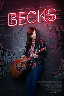 The movie poster shows a woman with long dark hair wearing a leather jacket, the protagonist of the film, Becks, playing an acoustic guitar. The title of the film (her name) is on a neon pink sign above her head. Aged posters that are partially torn and/or faded are on the dark concrete wall behind her.