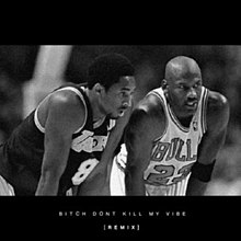 In the remix cover artwork, a monochrome image of Basketball players Kobe Bryant of the Los Angeles Lakers standing next to Michael Jordan of the Chicago Bulls.