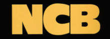 Upper case letters 'NCB' in yellow on a black background