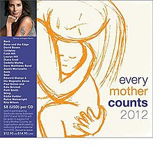On the cover art's right side is an illustration of a woman holding a baby in her arms on the left and text displaying the album's title; on the left side is a photograph of a woman and text displaying the names of contributing artists and other information about the album.