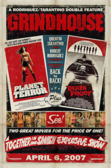 A vintage-style poster with inner posters presenting the two films Planet Terror and Death Proof. The main title, directors, images from the films and release date are also shown.