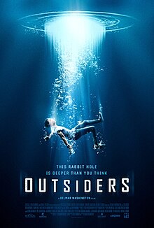 Poster for the film Outsiders, featuring a person submerged underwater, floating toward a glowing circular light above. The tagline reads, "This rabbit hole is deeper than you think".