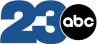 The number 23 in a thick sans serif in blue, with the numbers touching, and the ABC logo — a dark gray disc with lowercase letters "abc" — overlapping it on the right.