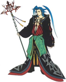 An illustration of a fictional character. He is a tall adult male wearing a uniform consisting of dark blue robes, red trimmings, and a green sash. His robes expose his chest, which is tattooed. His hair is blue and has two long locks in the back and one large bang in the front. He also wields a bright red staff in his right hand.