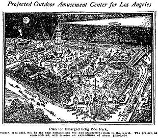 Promotional drawing for the planned Selig Zoo Park in East LA, with light rail connections, cars speeding towards the entrance and long lines depicted at the gate. Only a single carousel was ever built and the site struggled as a lightly visited zoo for over a decade.