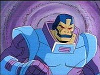 Apocalypse in his light blue and violet armor and standing in front of a purple vortex.